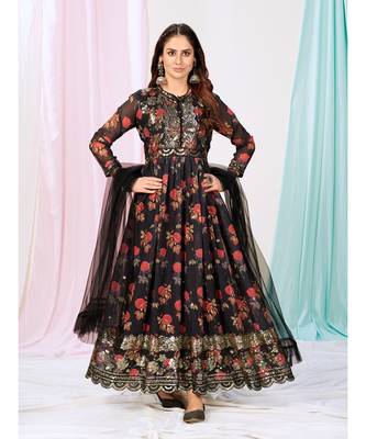 Sable Black Readymade Anarkali Suit in Floral Motifs 1