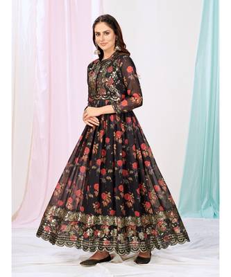 Sable Black Readymade Anarkali Suit in Floral Motifs 4