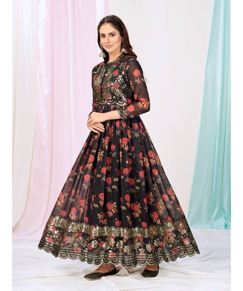 Sable Black Readymade Anarkali Suit in Floral Motifs