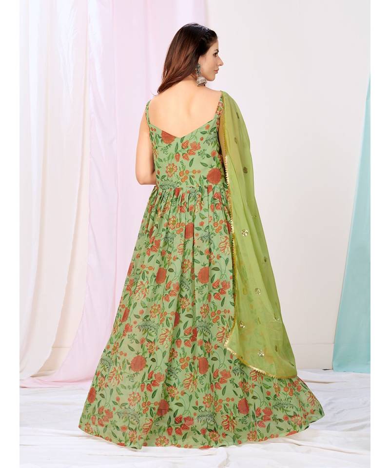 Kelly Green Floral Readymade Georgette Anarkali Suit