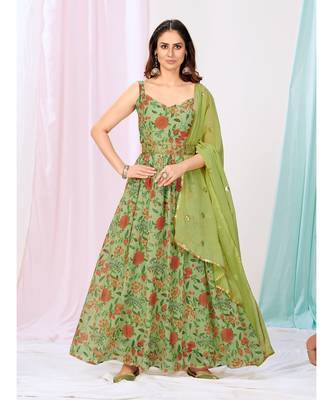 Kelly Green Floral Readymade Georgette Anarkali Suit 1