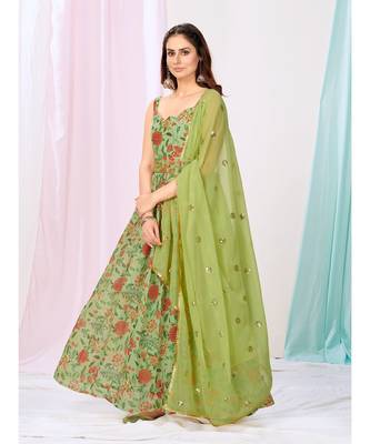 Kelly Green Floral Readymade Georgette Anarkali Suit 3