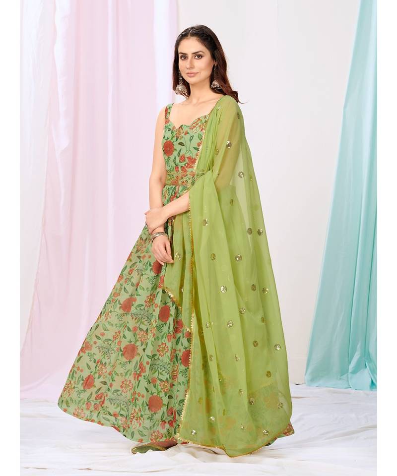 Kelly Green Floral Readymade Georgette Anarkali Suit