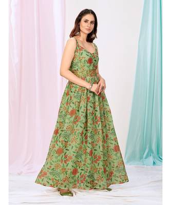 Kelly Green Floral Readymade Georgette Anarkali Suit 4