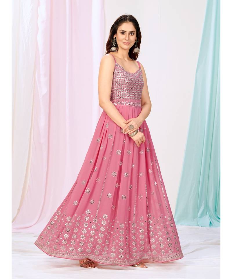 Bubblegum Pink Readymade Sequence Georgette Anarkali Suit