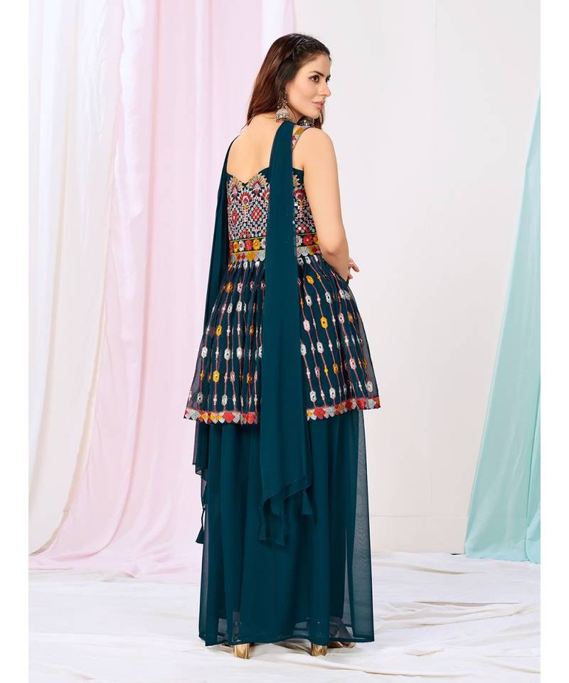 Peacock Blue Pakistani Style Sharara Suit in Georgette