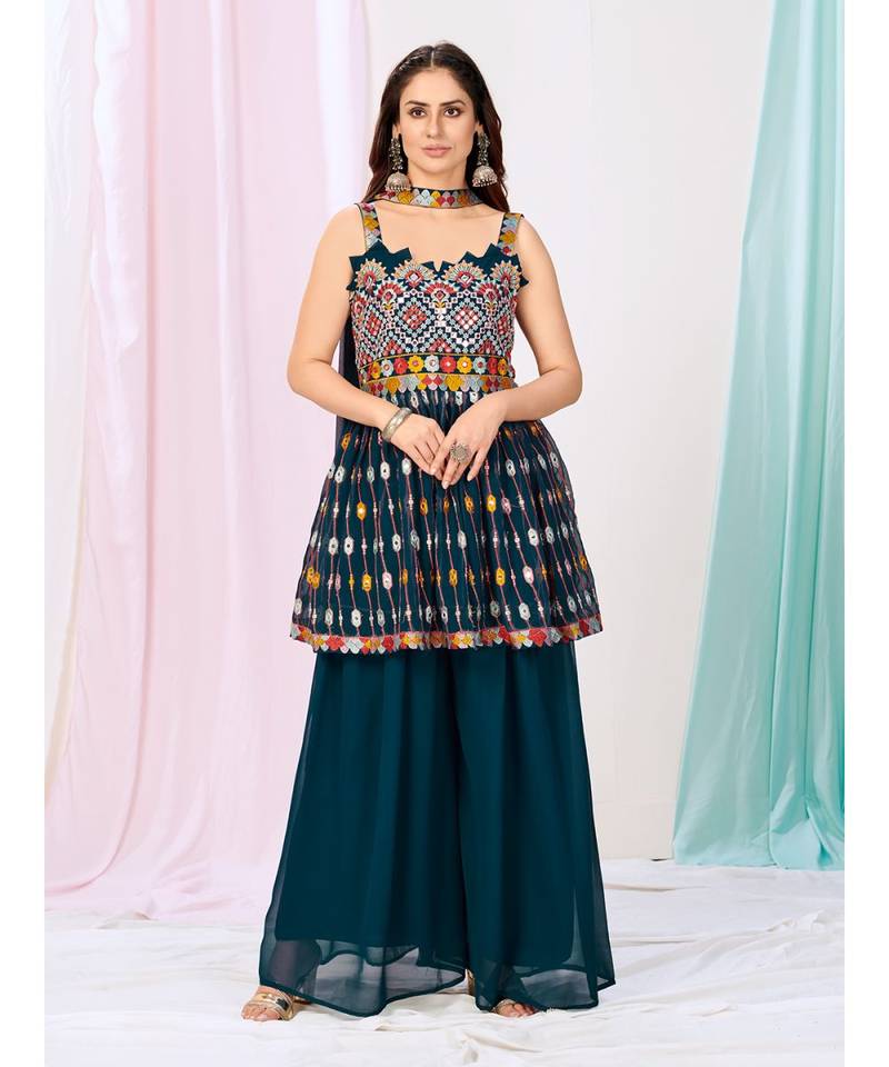 Peacock Blue Pakistani Style Sharara Suit in Georgette