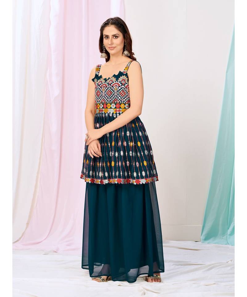 Peacock Blue Pakistani Style Sharara Suit in Georgette