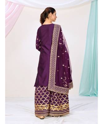 Eggplant Purple Wedding Wear Silken Palazzo Suit 2