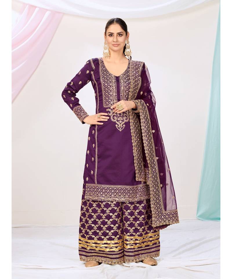 Eggplant Purple Wedding Wear Silken Palazzo Suit