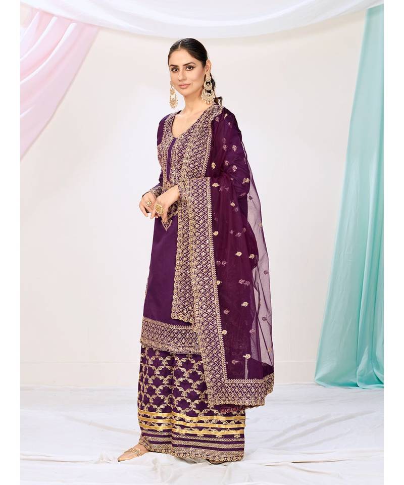 Eggplant Purple Wedding Wear Silken Palazzo Suit