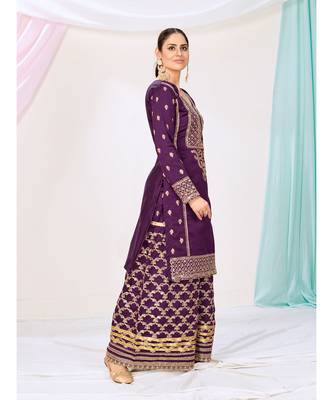 Eggplant Purple Wedding Wear Silken Palazzo Suit 1