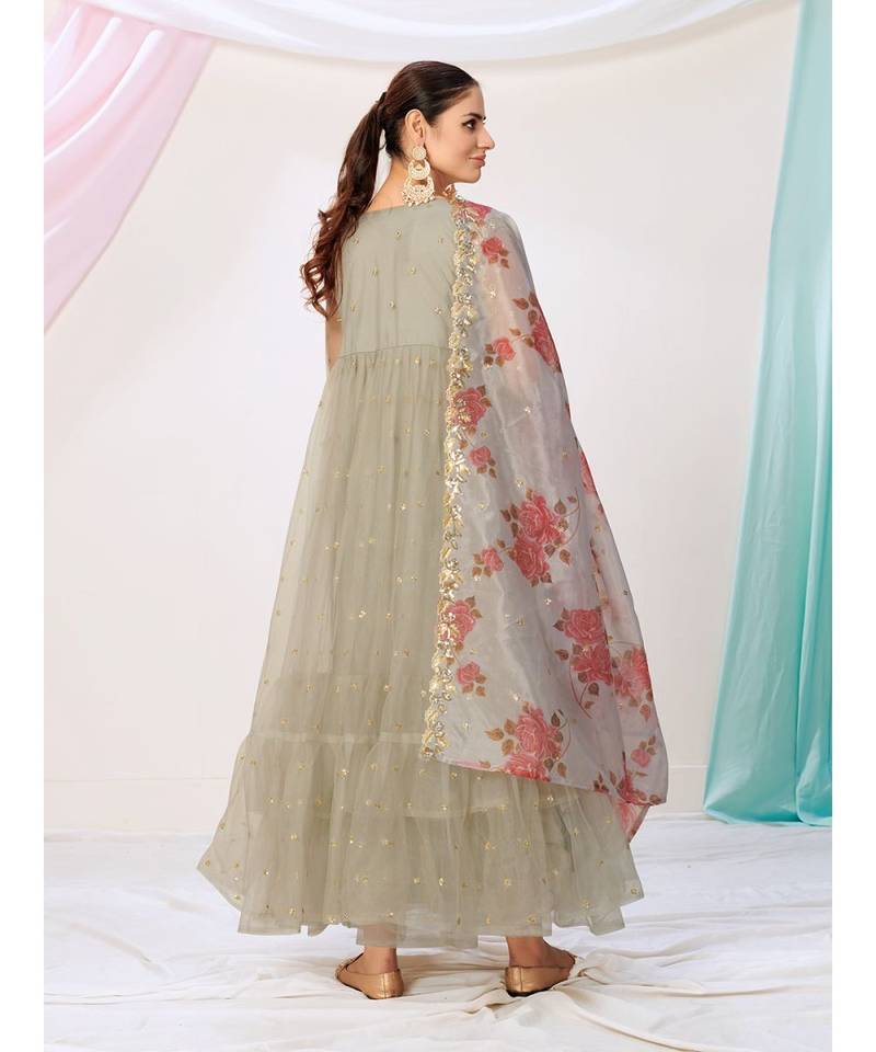 Silver Grey Readymade Sequence Anarkali Suit