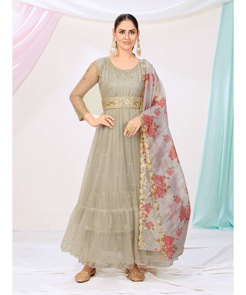 Silver Grey Readymade Sequence Anarkali Suit