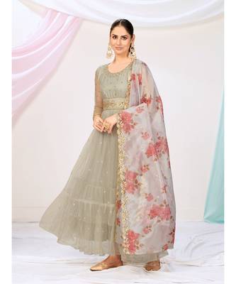 Silver Grey Readymade Sequence Anarkali Suit 4
