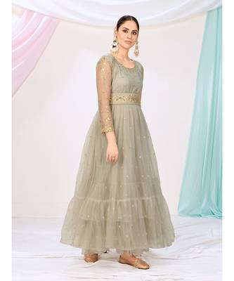 Silver Grey Readymade Sequence Anarkali Suit 1