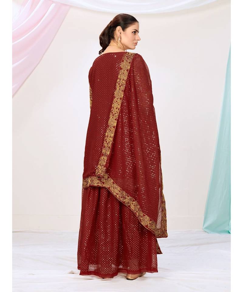 Maroon Red Wedding Wear Silken Palazzo Suit
