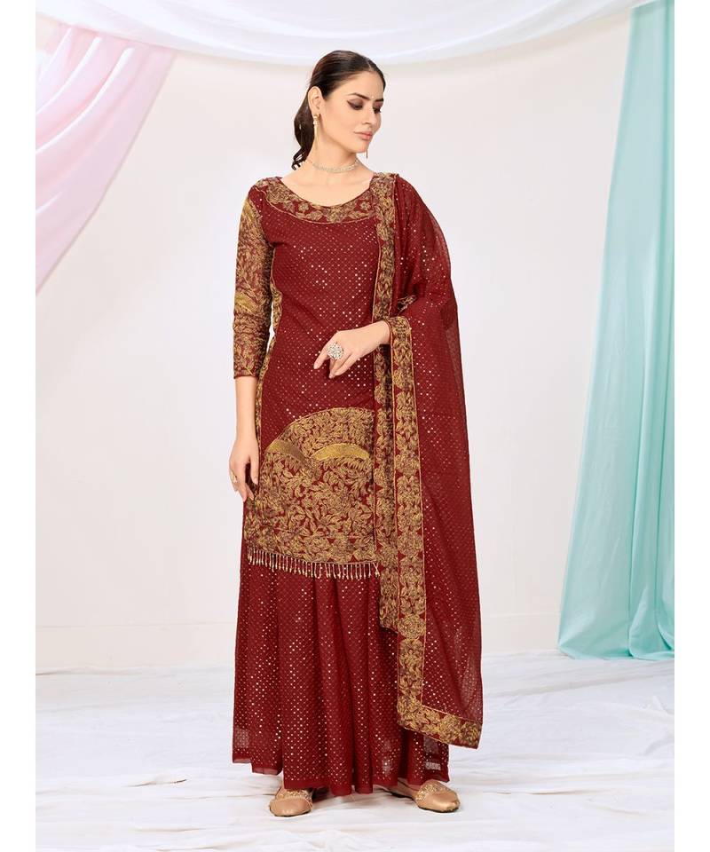 Maroon Red Wedding Wear Silken Palazzo Suit