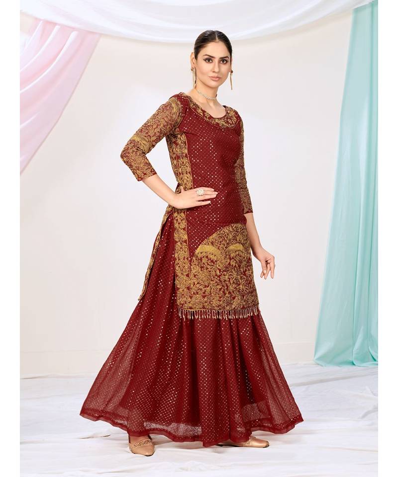 Maroon Red Wedding Wear Silken Palazzo Suit