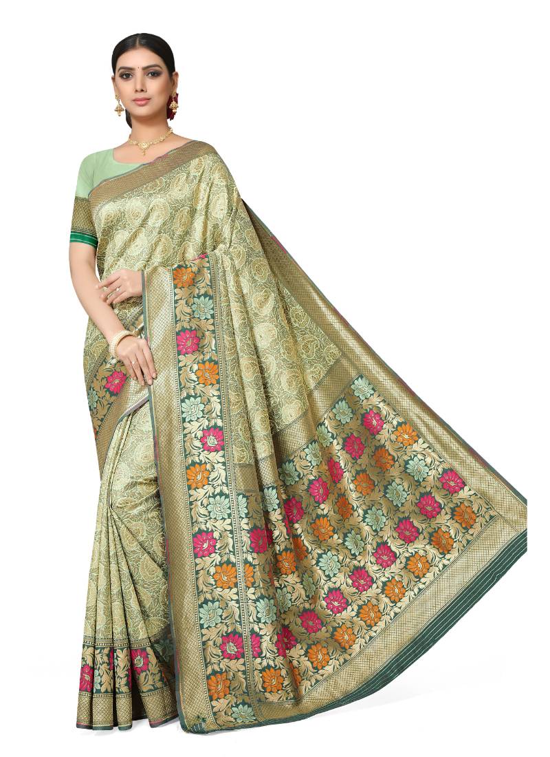 Leeza Store Women's Peach Silk Blend Meenakari Thick Border Banarasi StyleStyle Saree