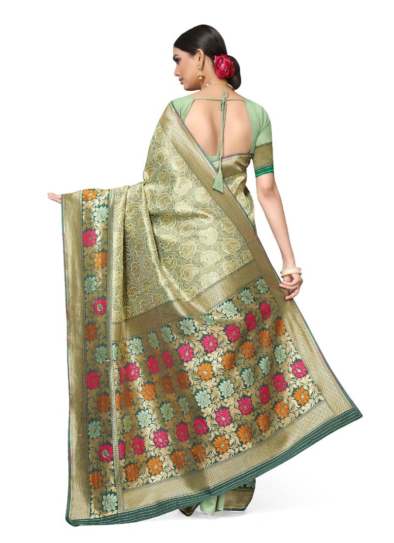 Leeza Store Women's Peach Silk Blend Meenakari Thick Border Banarasi StyleStyle Saree