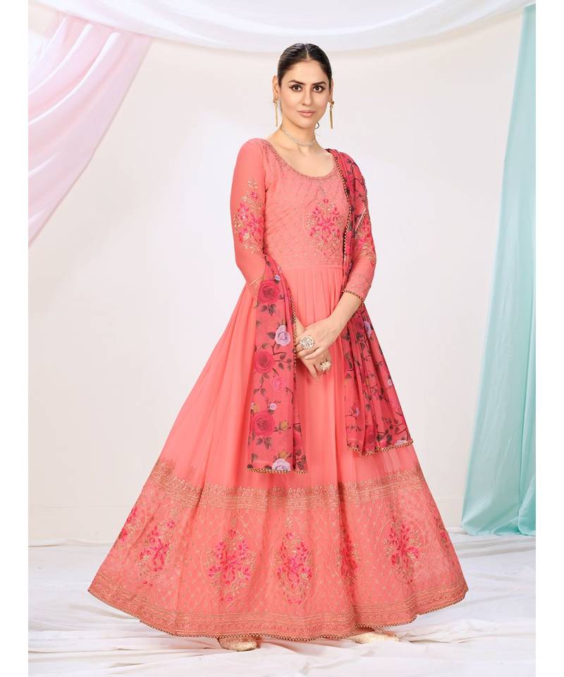 Peach Embroidered Readymade Anarkali Suit