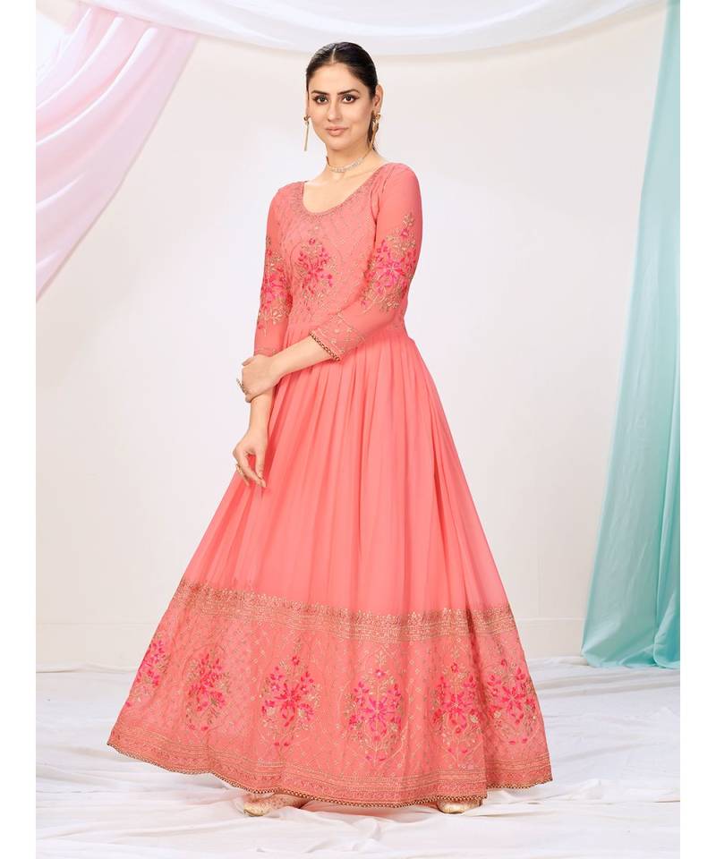 Peach Embroidered Readymade Anarkali Suit