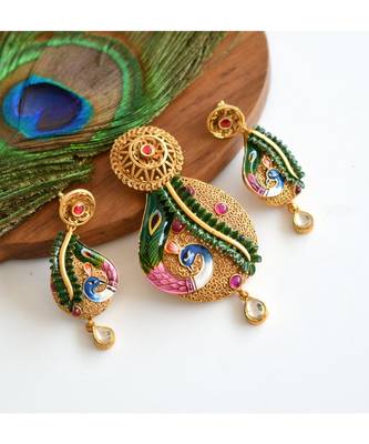 Antique Gold Replica Peacock Meenakari Pendant Set dj-05727 1