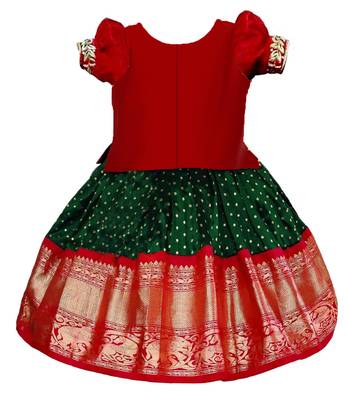 Red Green  Satin Silk Jecquard South Indian Style Pavdai Pattu Set Lehenga Choli For Kids 2