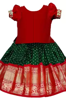 Red Green  Satin Silk Jecquard South Indian Style Pavdai Pattu Set Lehenga Choli For Kids