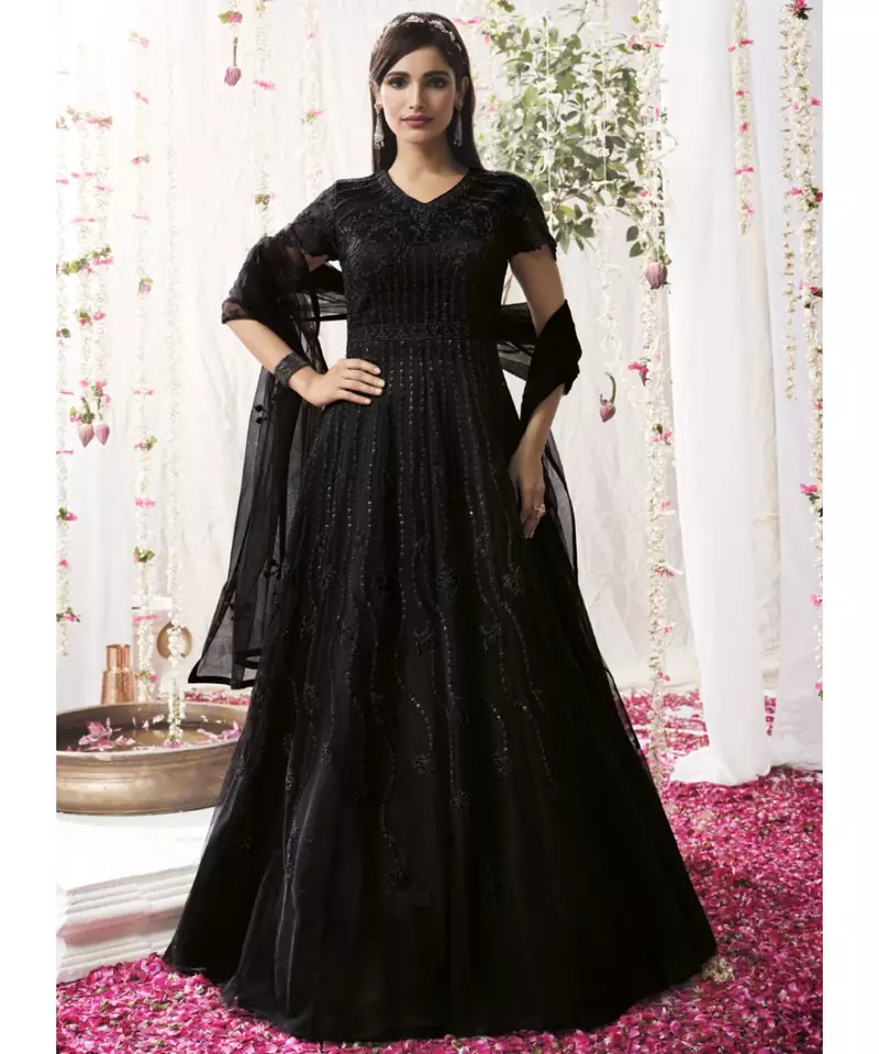 Black All Over Embroidered Festive Anarkali Suit