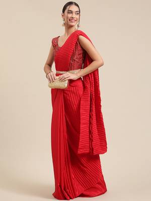 SAREE MALL Women's Satin Red Solid Belted Sarees With Blouse Piece 1