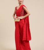 SAREE MALL Women's Satin Red Solid Belted Sarees With Blouse Piece