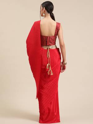 SAREE MALL Women's Satin Red Solid Belted Sarees With Blouse Piece 2