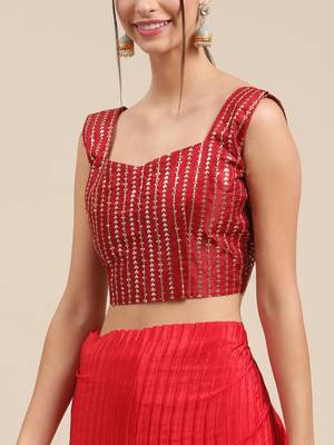 SAREE MALL Women's Satin Red Solid Belted Sarees With Blouse Piece 4