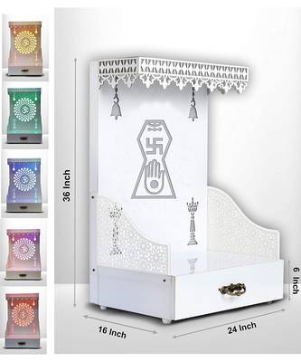 Office with Multi Color LED Light MDF PVC Laminated White Temple Puja Mandir |Wall Hanging & Table Top Home Mandir 1