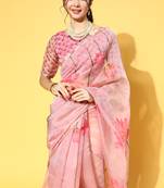 SAREE MALL Women's Organza Pink Printed Celebrity Saree With Blouse Piece