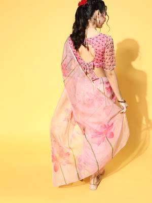 SAREE MALL Women's Organza Pink Printed Celebrity Saree With Blouse Piece 2