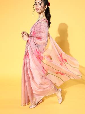 SAREE MALL Women's Organza Pink Printed Celebrity Saree With Blouse Piece 3