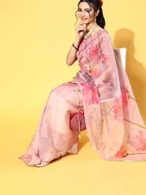 SAREE MALL Women's Organza Pink Printed Celebrity Saree With Blouse Piece 4