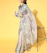 SAREE MALL Women's Organza Grey Embroidered Celebrity Saree With Blouse Piece