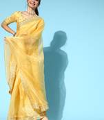 SAREE MALL Women's Organza Yellow Embroidered Celebrity Saree With Blouse Piece