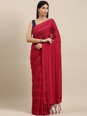 SAREE MALL Women's Satin Red Self-Design Designer Saree With Blouse Piece 1