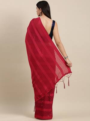 SAREE MALL Women's Satin Red Self-Design Designer Saree With Blouse Piece 2