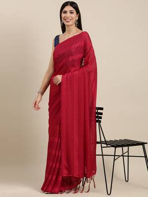SAREE MALL Women's Satin Red Self-Design Designer Saree With Blouse Piece 3