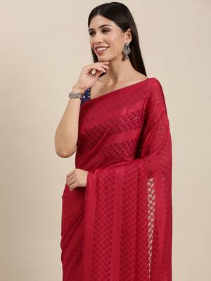 SAREE MALL Women's Satin Red Self-Design Designer Saree With Blouse Piece 4