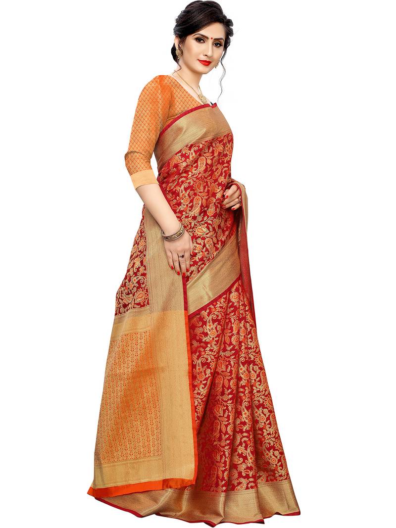 Leeza Store Women'S Green Cotton Silk Blend Jacquard Golden Zari Floral Ethnic Motifs Paisley Patola Style Saree 