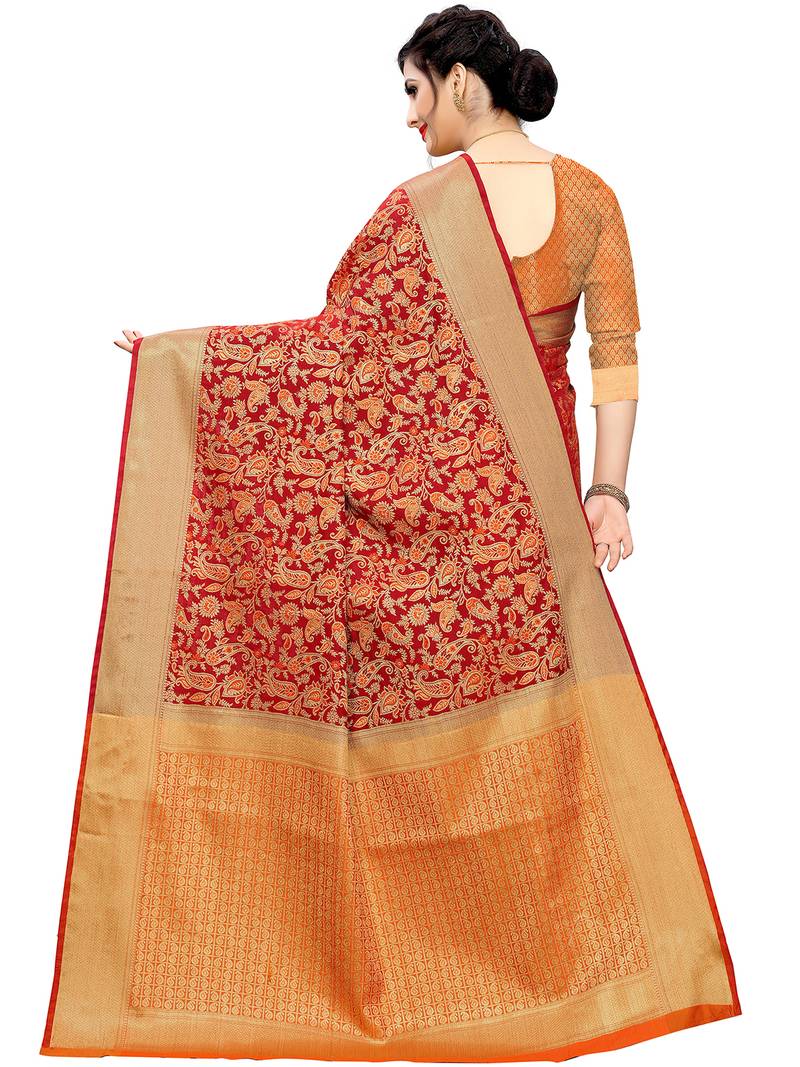 Leeza Store Women'S Green Cotton Silk Blend Jacquard Golden Zari Floral Ethnic Motifs Paisley Patola Style Saree 