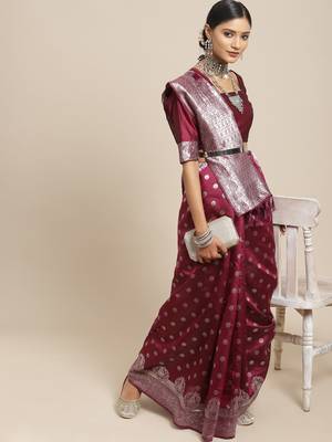SAREE MALL Women's Silk Blend Purple Woven Design Woven saree With Blouse Piece 1