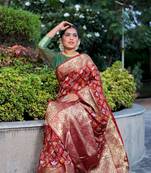 maroon Designer Wedding Pure Soft Padding Patola Print Banarasi Silk Saree